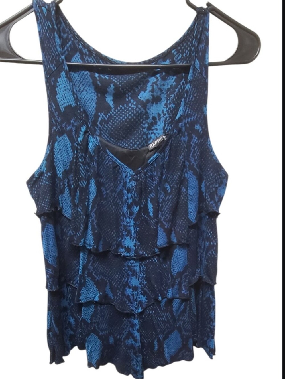 Express Vintage Blue Black Python Snakeskin Tiered Ruffle Tank Top Medium